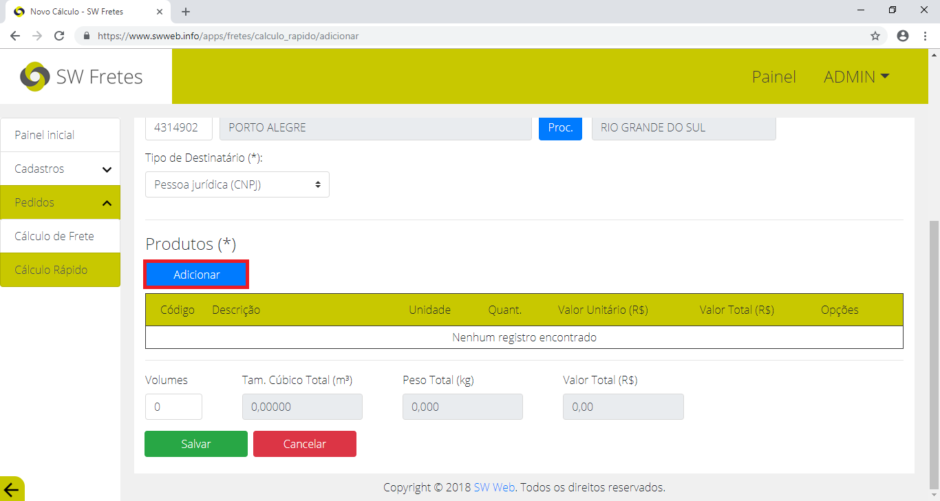 Adicionar produto na página de Adicionar Cálculo Rápido do SW Fretes